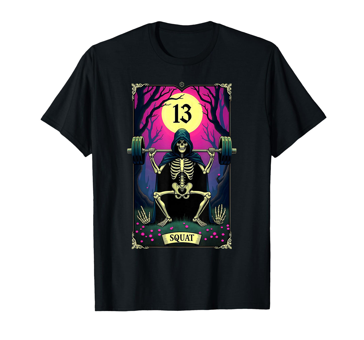 Gothic Tarot Card Skeleton Squat Weightlifting T-Shirt