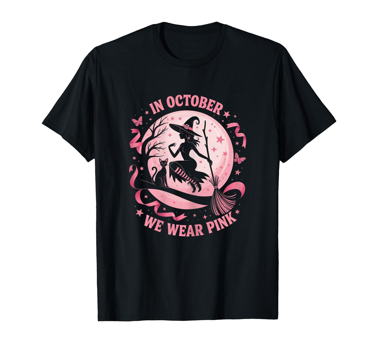 in October We Wear Pink Witch Halloween Awareness Women T-Shirt