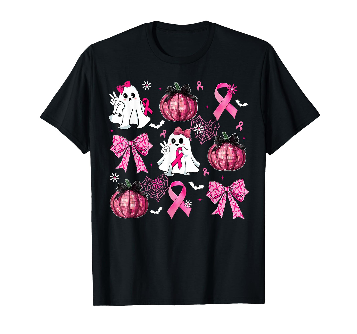 Halloween Pink Ghost Disco Pumpkin Bow Breast Cancer Girls T-Shirt