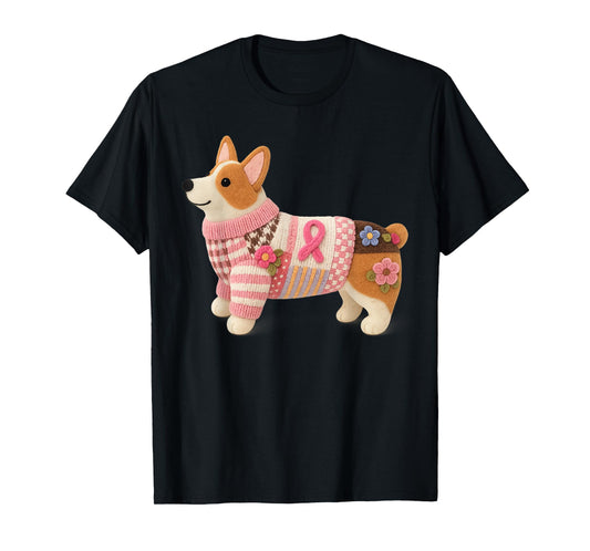 Corgi Dog Pink Ribbon Breast Cancer Pattern Felt Art T-Shirt