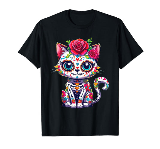 Dia De Los Muertos Cute Skeleton Cat Sugar Skull Kawaii Art T-Shirt