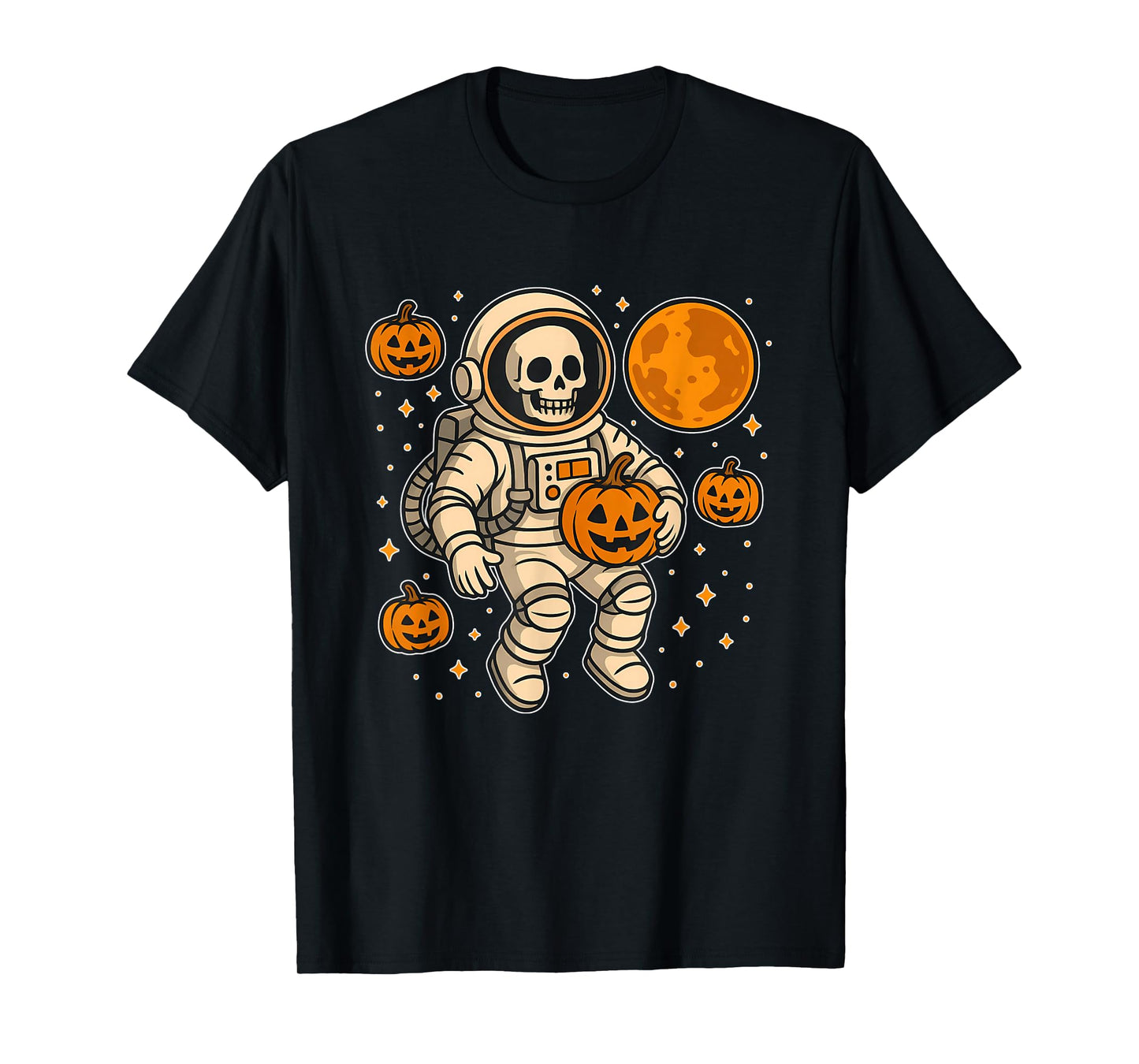 Astronaut Skeleton with Pumpkins in Space T-Shirt