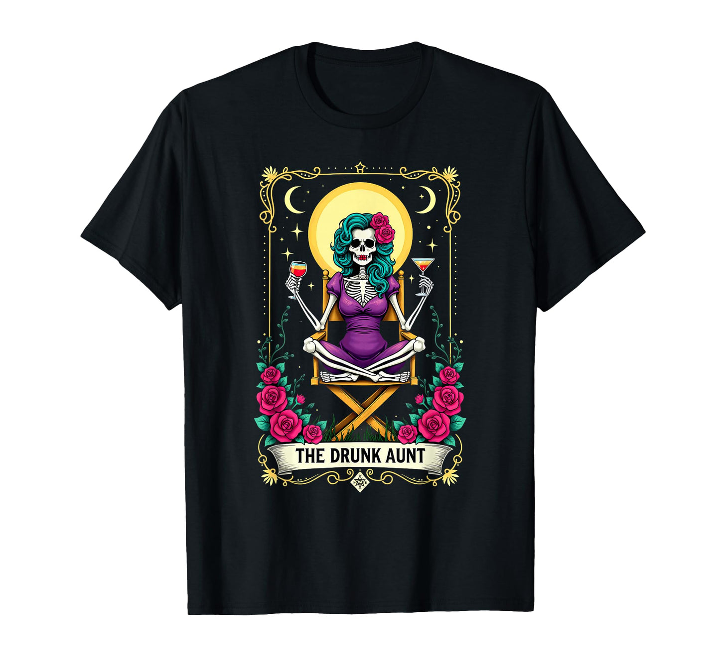 Gothic Tarot Card The Drunk Aunt Skeleton Halloween T-Shirt