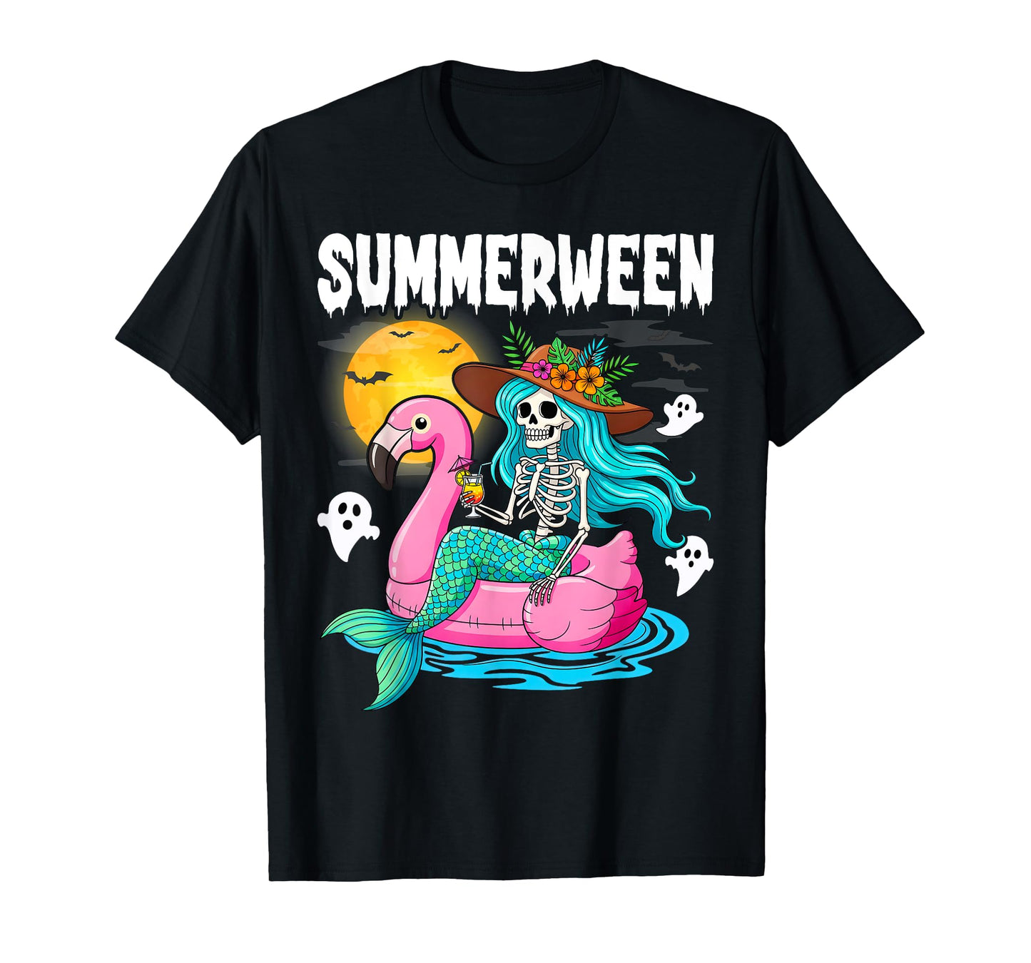 Summerween Mermaid Skeleton Flamingo Summer Halloween Women T-Shirt