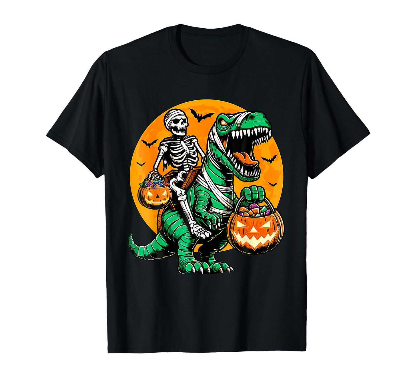 Funny Skeleton Riding Dinosaur Pumpkin Spooky Trex Halloween T-Shirt