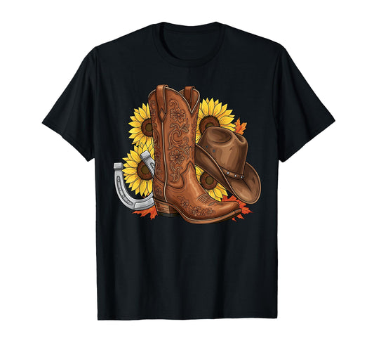 Cowboy Boot Hat Sunflower Horseshoe Western T-Shirt