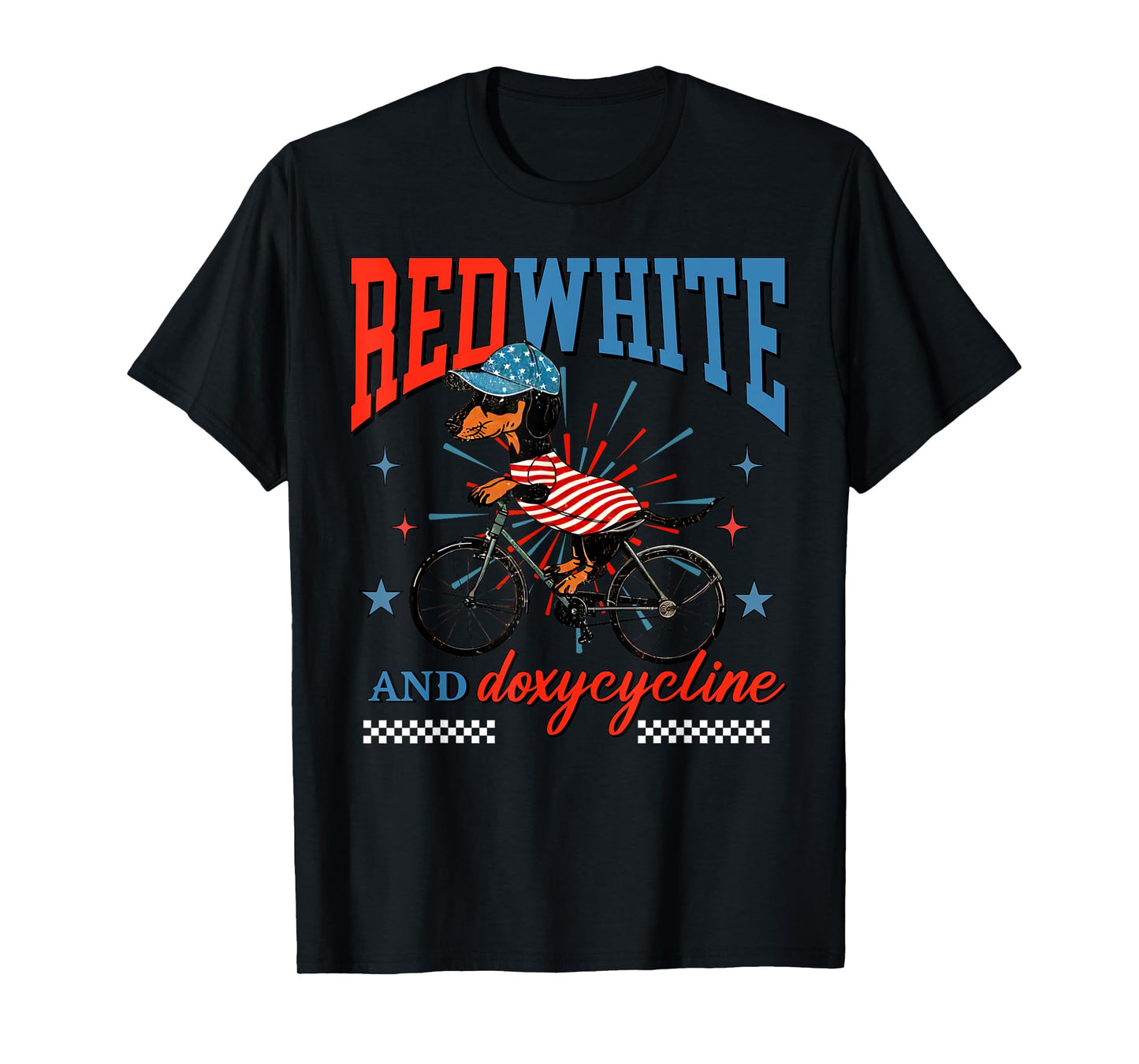 Red White Doxycycline Pharmacy Dachshund Bicycle 4th Of July T-Shirt