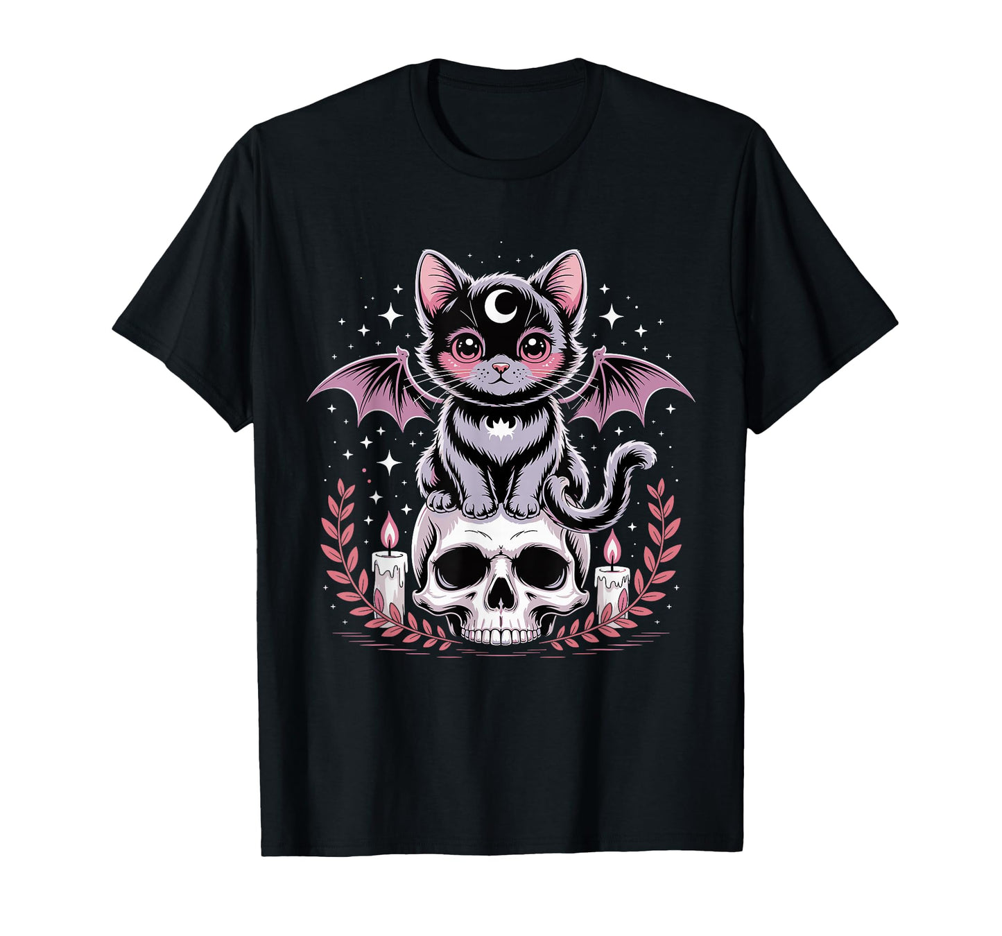 Cute Pink Bat Cat Sitting On Skull Skeleton Candles Design T-Shirt