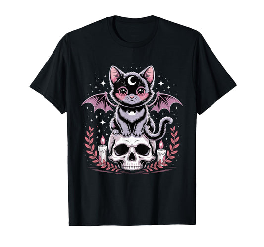 Cute Pink Bat Cat Sitting On Skull Skeleton Candles Design T-Shirt