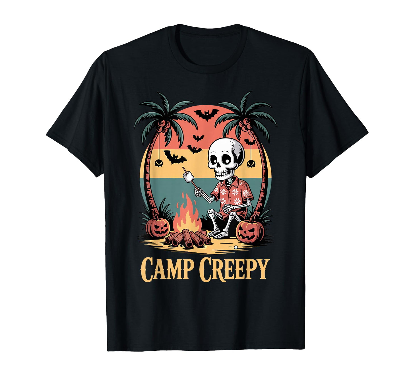 Camp Creepy, Fun Retro Skeleton with Spooky Palm Trees T-Shirt