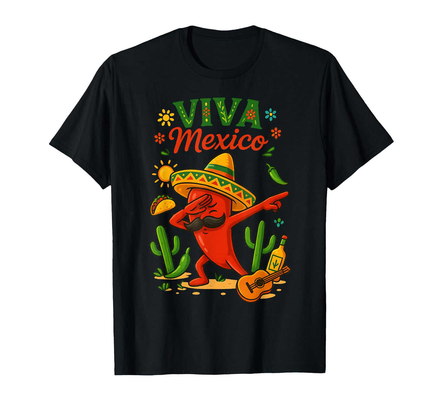 Viva Mexico Dabbing Chili Pepper Colorful Mexican Sombrero T-Shirt