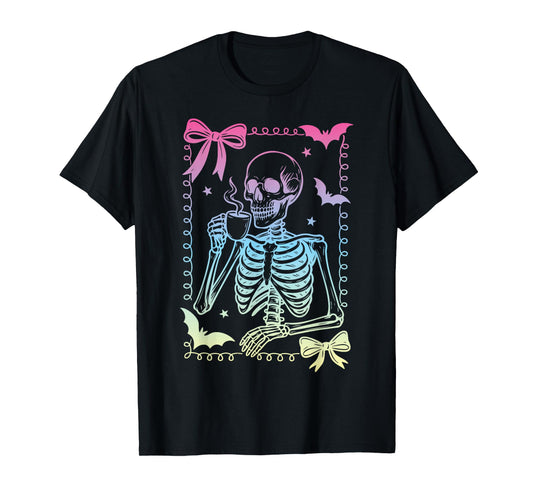 Coquette Bow Skeleton Coffee Pastel Goth Witch Girl Retro T-Shirt