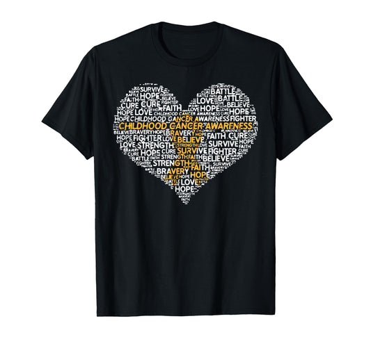 Childhood Cancer Awarenes Ribbon Heart Words Men Women Kids T-Shirt