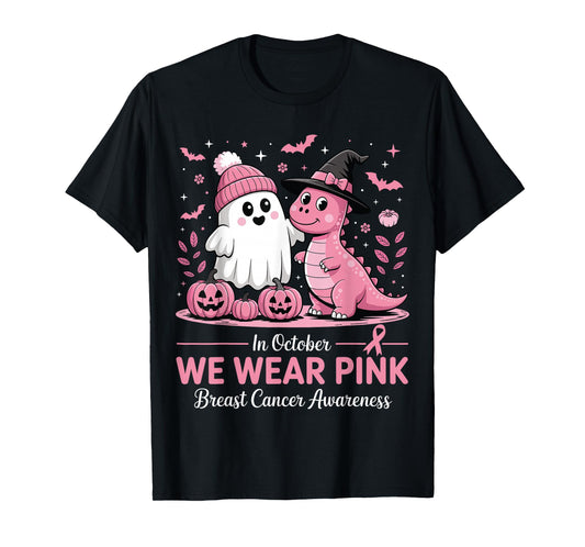in October We Wear Pink Ghost Witch Dinosaur Breast Cancer T-Shirt