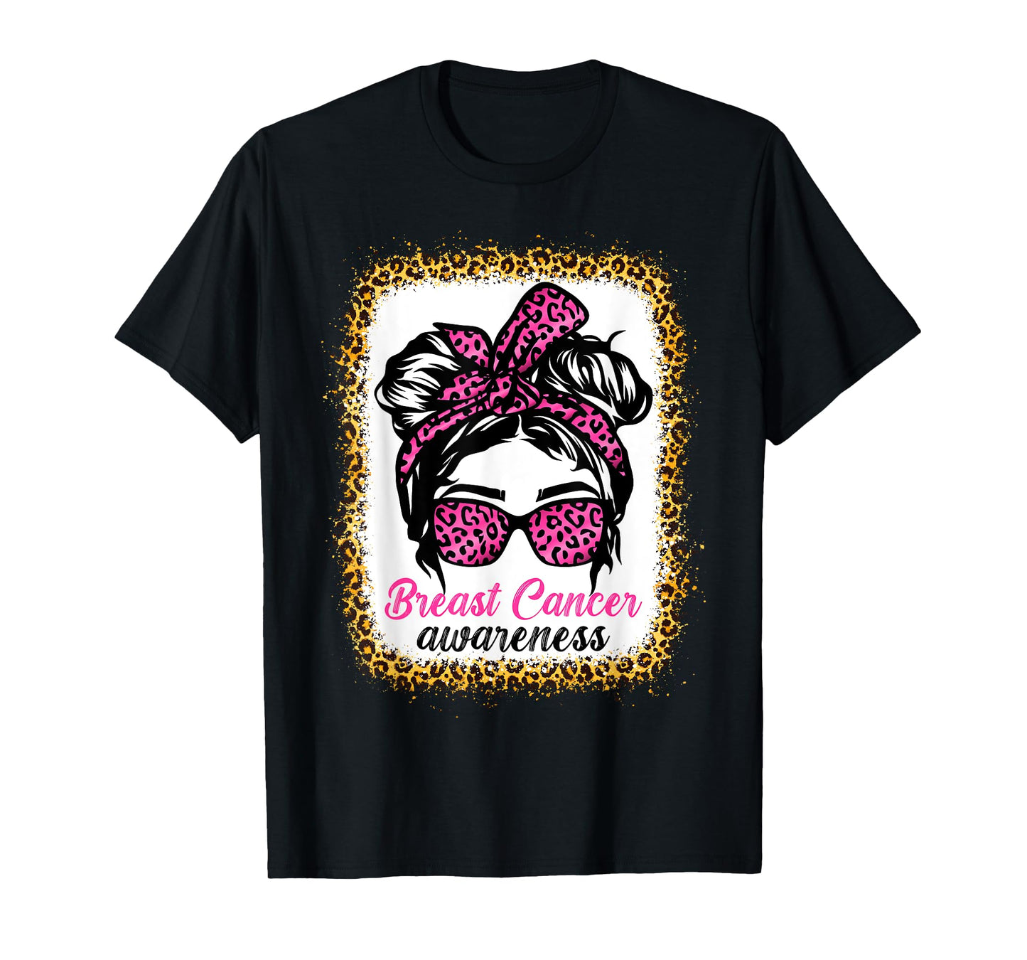 Messy Bun Wear Pink Breast Cancer Awareness Leopard T-Shirt