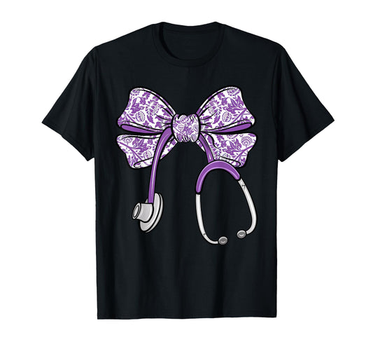 Cute Floral Coquette Purple Nurse Bow Ribbon Stethoscope RN T-Shirt