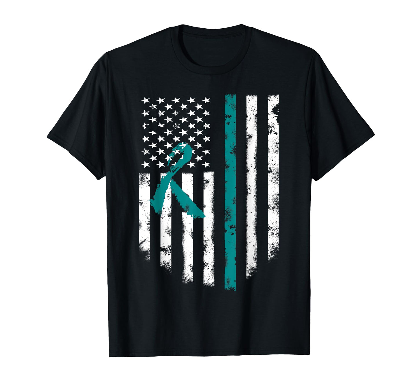 Ovarian Awareness T-shirt American Flag Teal Ribbon Top Tee