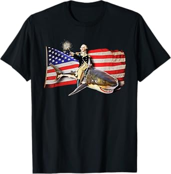 Washington Riding Shark Funny July 4th American Flag T-Shirt