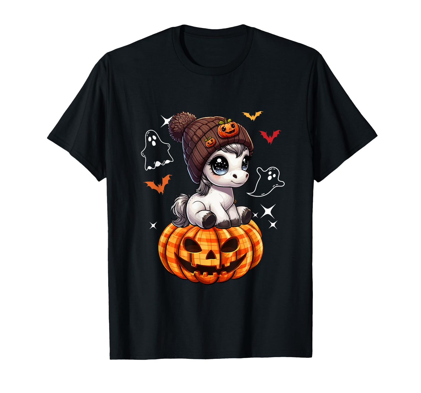 Horse Wearing Knitted Hat Halloween Carved Pumpkins Farmer T-Shirt