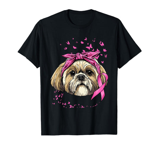 Breast Cancer Awareness Shih Tzu Dog Pink Ribbon Survivor T-Shirt
