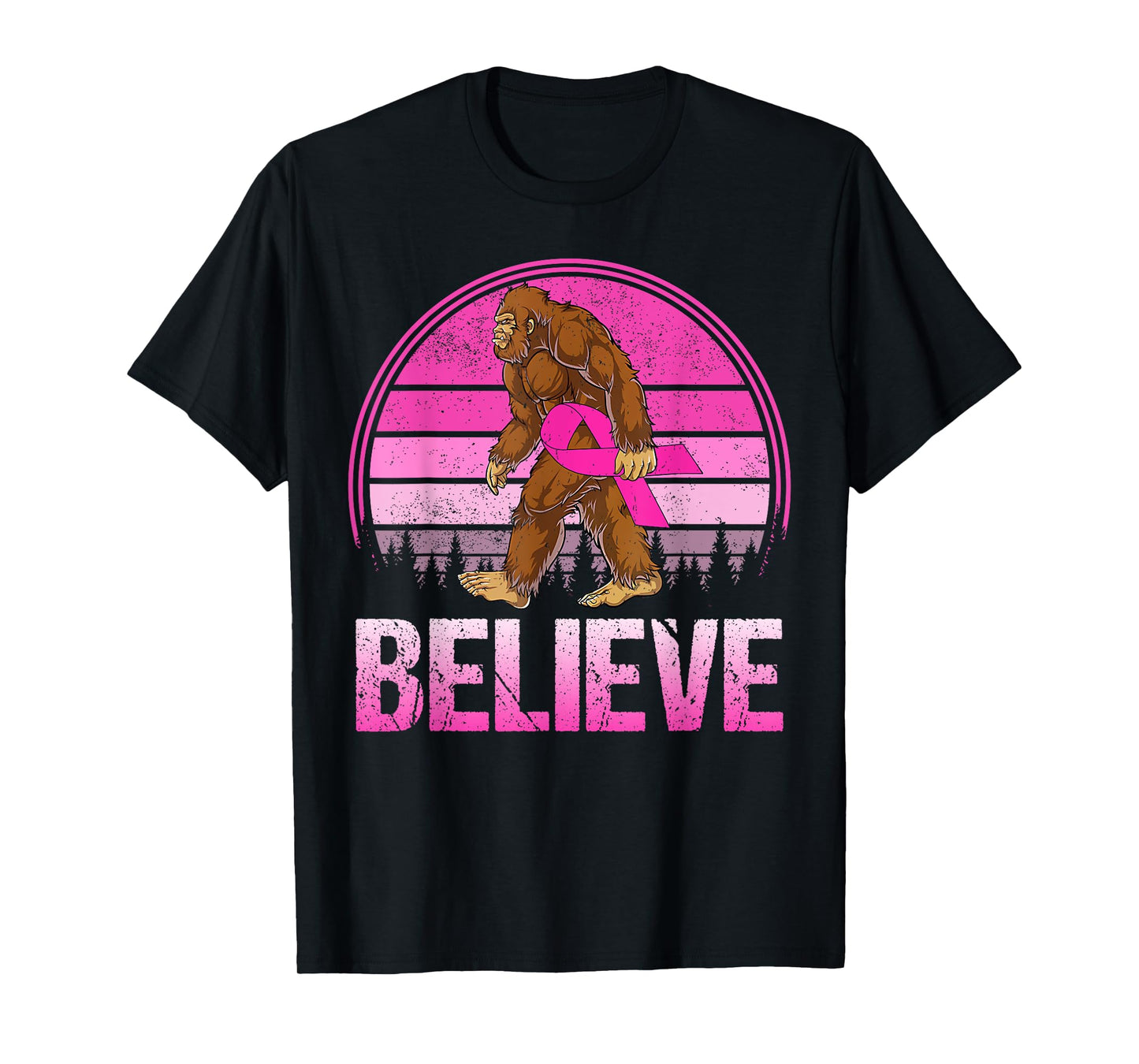Retro Believe Breast Cancer Bigfoot & Pink Ribbon Sasquatch T-Shirt