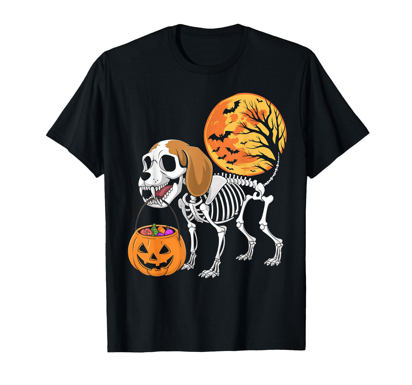 Funny Beagle Dog Skeleton Scary Pumpkin Moon Halloween T-Shirt