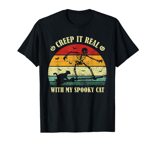 Creep It Real, with My Spooky Cat Halloween Skeleton Vintage T-Shirt