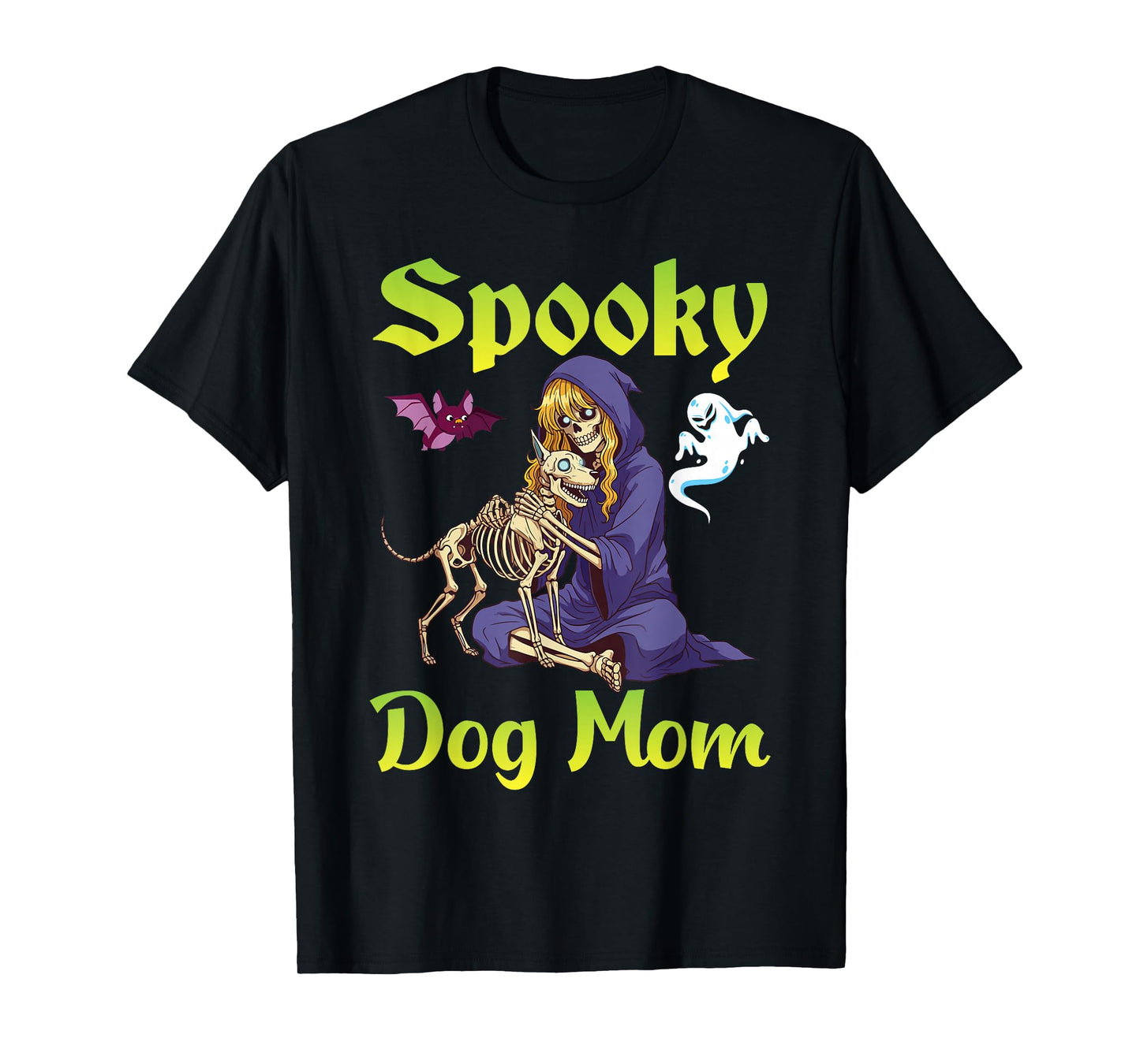 Spooky Dog Mom Halloween Skeleton Witch with Ghosts and Bat T-Shirt