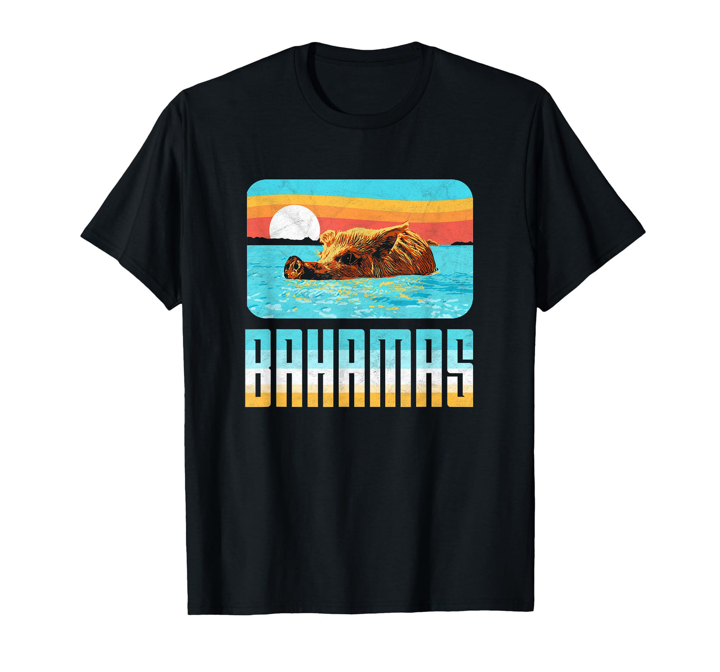 Retro Bahamas Swimming Pig Funny Vintage Feral Hog Beach T-Shirt