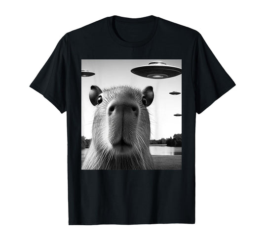 Funny Capybara Selfie with UFOs Weird Graphic T-Shirt