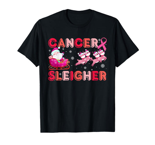 Cute Breast Cancer Sleigher Christmas Santa Sleigh Reindeer T-Shirt
