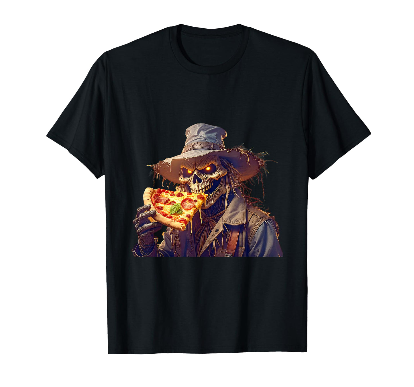 Scary Spooky Skeleton Scarecrow Pizza Lover Halloween Goth T-Shirt