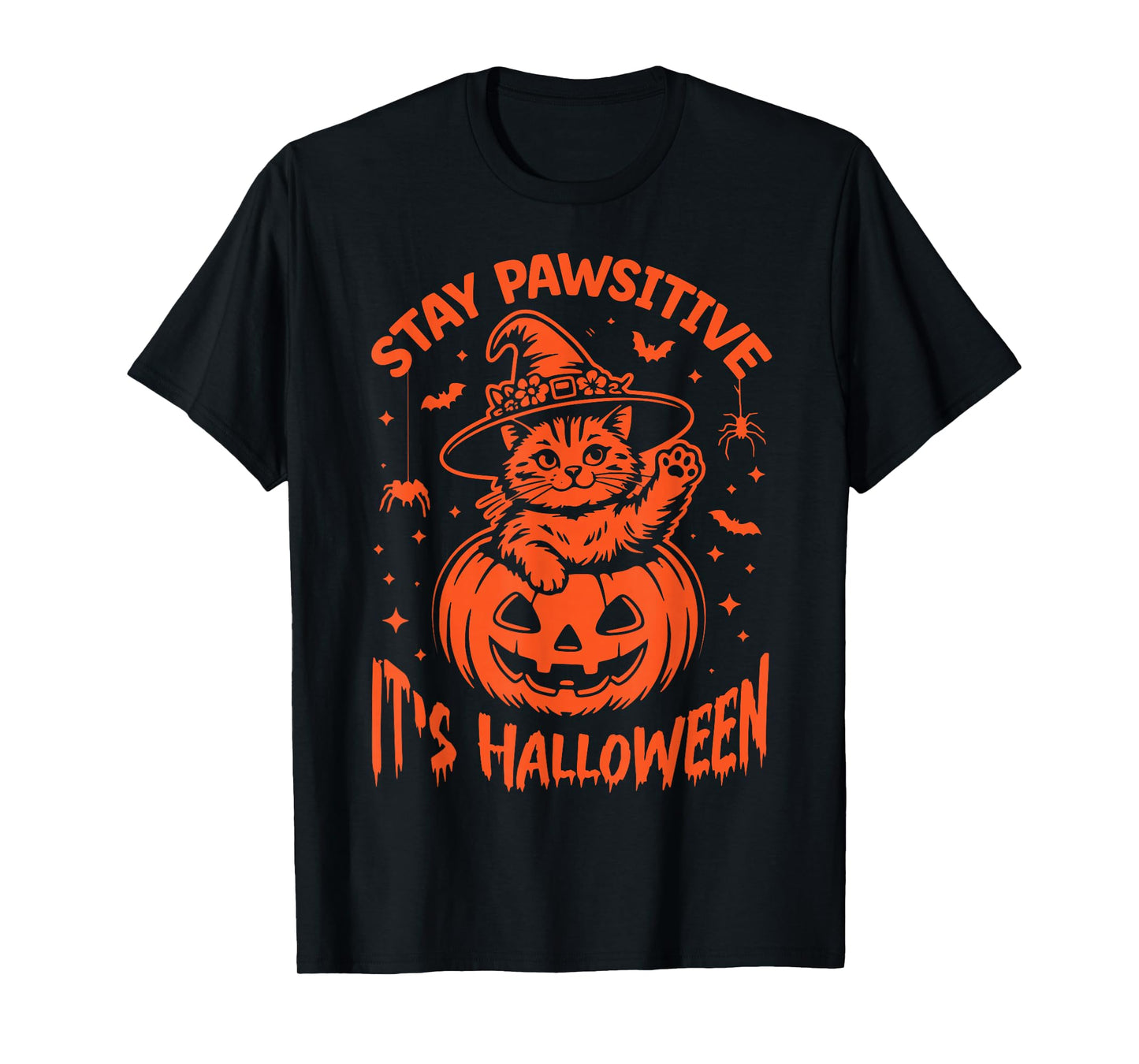Stay Pawsitive, it’s Halloween Pet Creepy Black Cat Pumpkin T-Shirt
