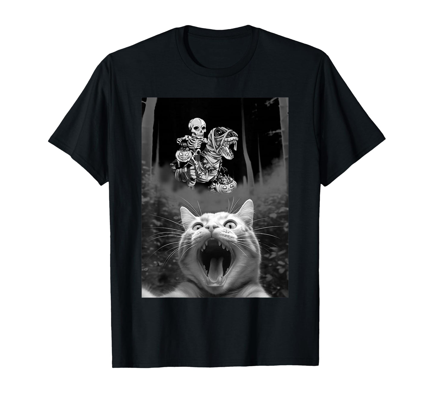 Funny Cat Selfie with Skeleton Riding Dinosuar Halloween Tee T-Shirt