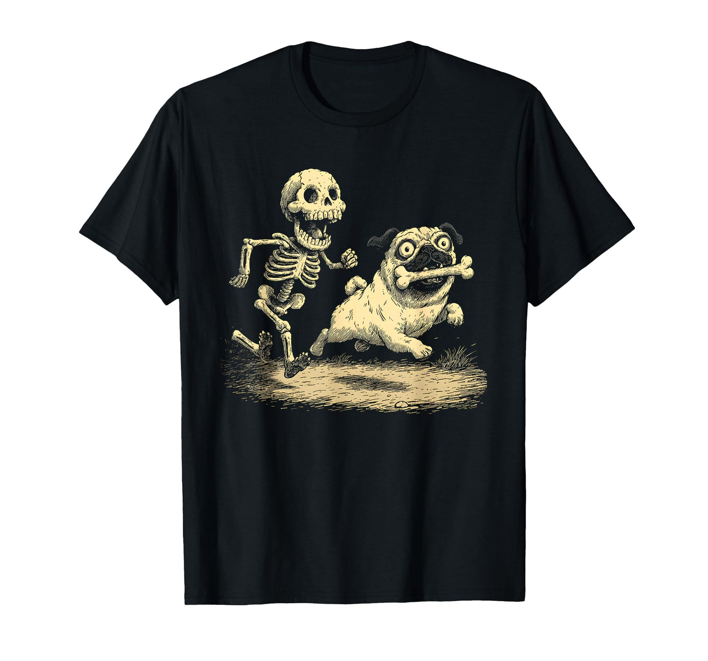 Funny Skeleton Chasing Pug Halloween T-Shirt