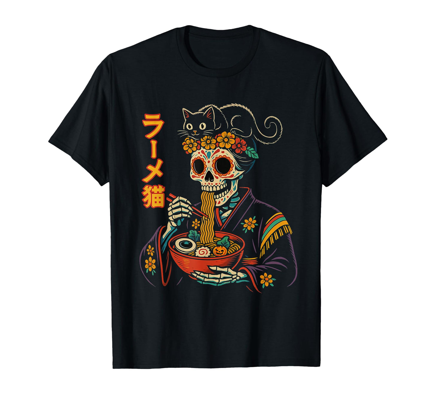 Geisha Skeleton Eating Ramen with Black Cat Japanese Retro T-Shirt
