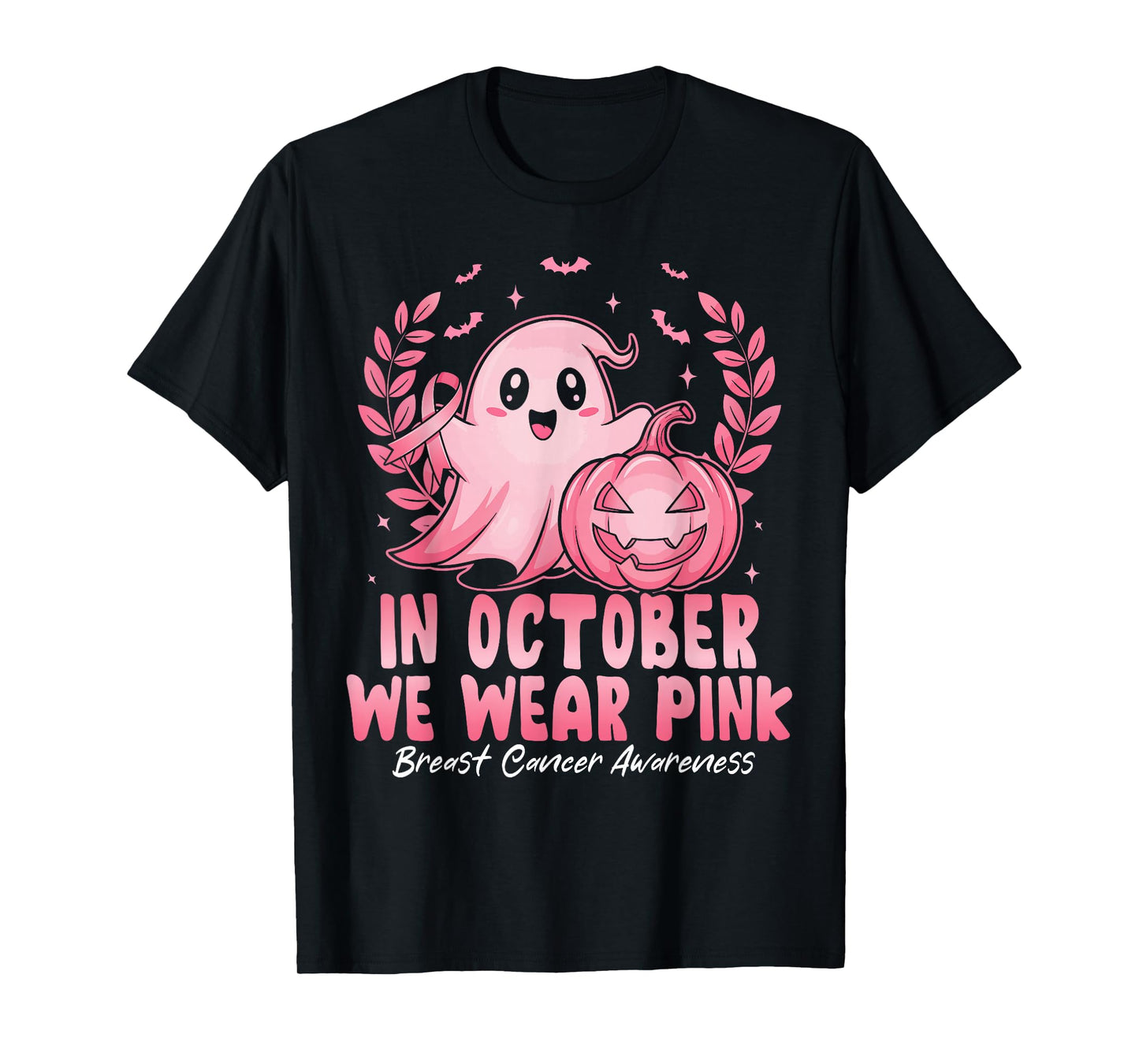 in October We Wear Pink Ghost Witch Breast Cancer Awareness T-Shirt