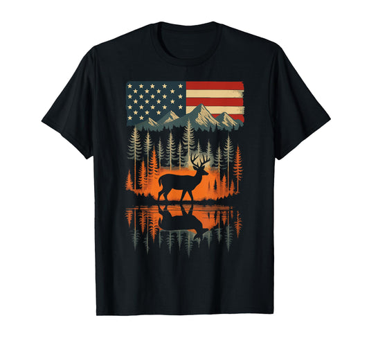 Deer USA Flag Outdoor Hiking Mountain T-Shirt