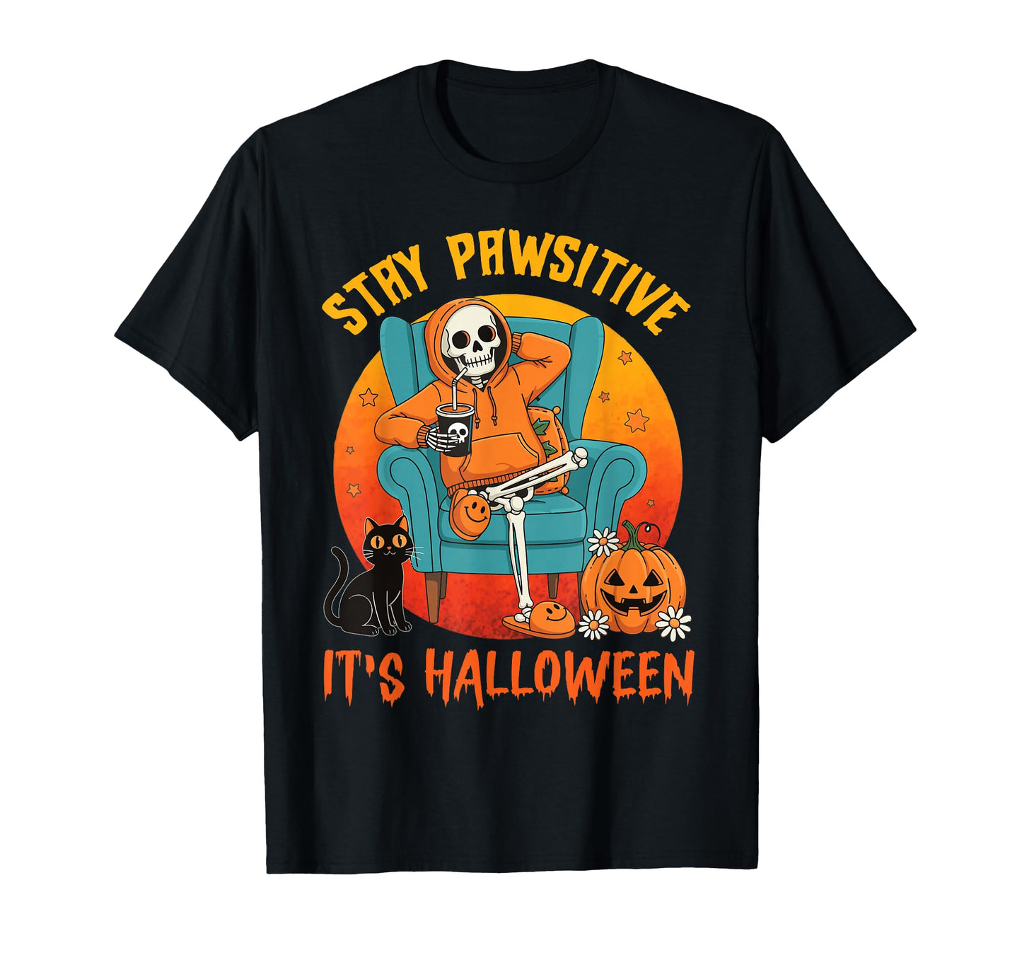 Stay Pawsitive, it’s Halloween Black Cat Paw Spooky Skeleton T-Shirt