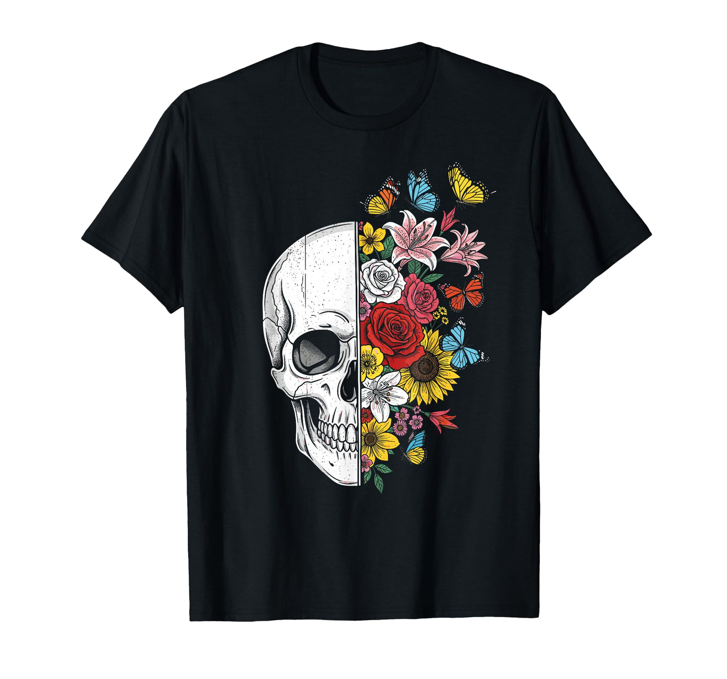 Half Skull with Flowers Funny Halloween Costume Spooky T-Shirt