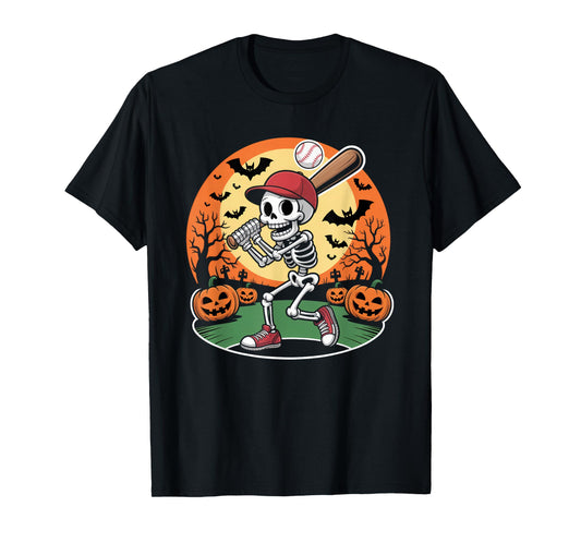 Baseball Skeleton Halloween Men Boys Baseball Spooky Season T-Shirt