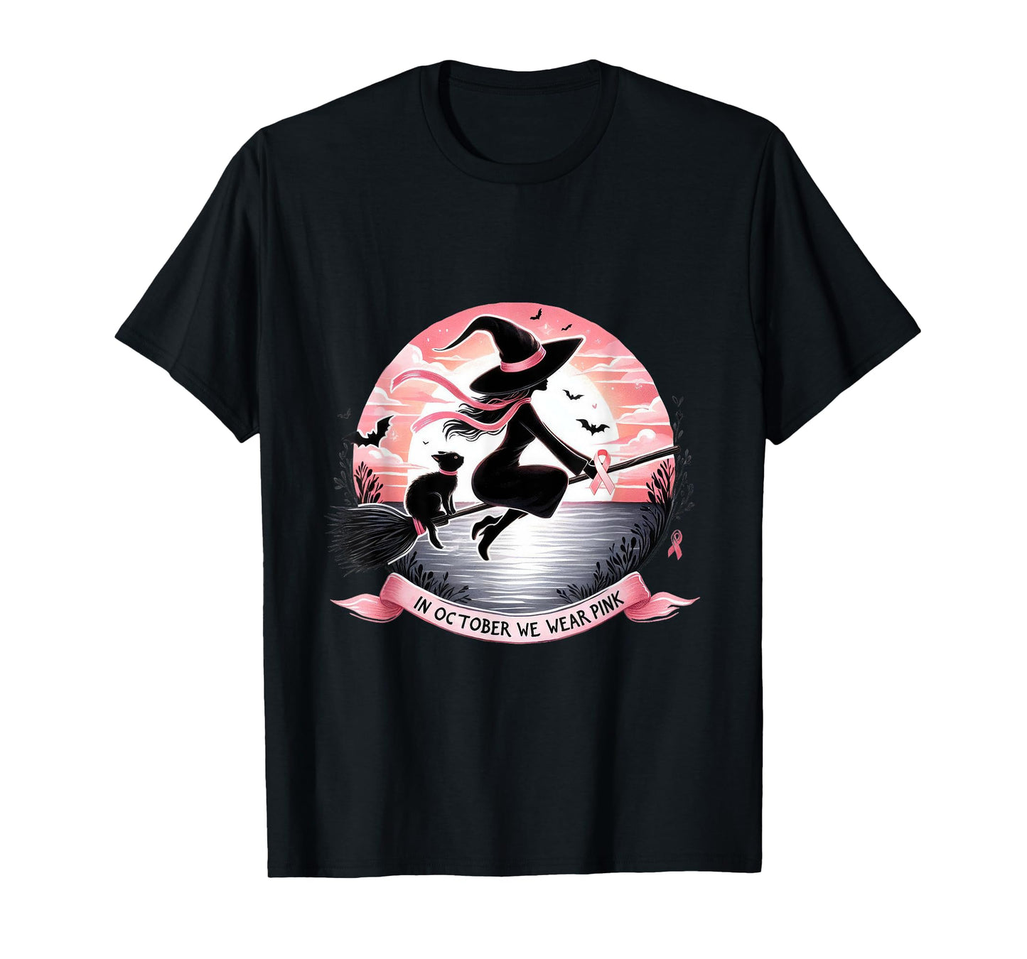 Witch In October We Wear Pink Ribbon Breast Cancer Awareness T-Shirt