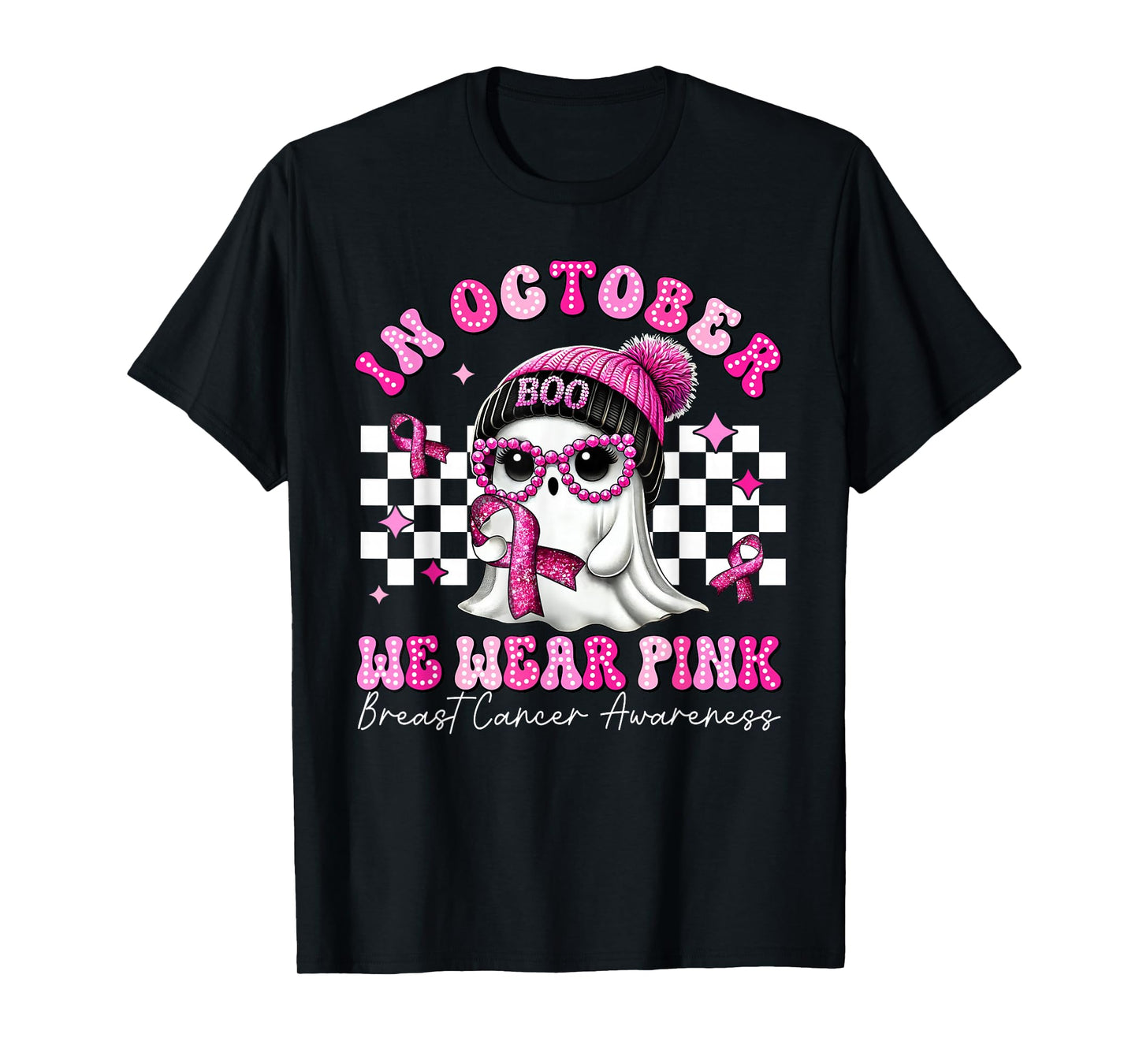 October We Wear Pink Breast Cancer Awareness Ghost Halloween T-Shirt