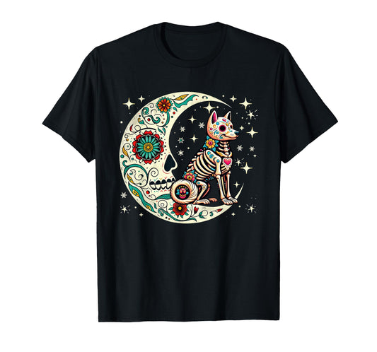 Dia De Los Muertos Halloween Moon Floral Skeleton Shiba Inu T-Shirt