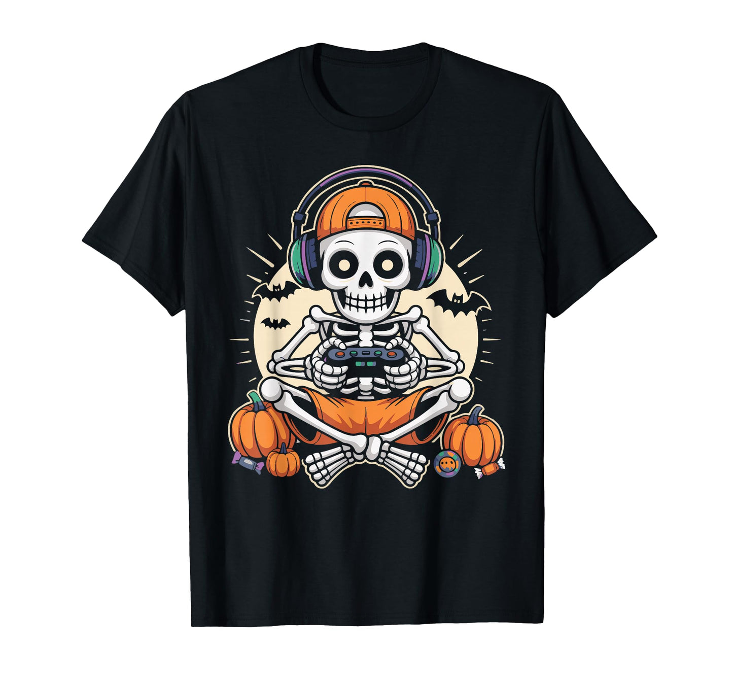 Skeleton Gamer Headphone Retro Halloween Gaming Boys Kids T-Shirt