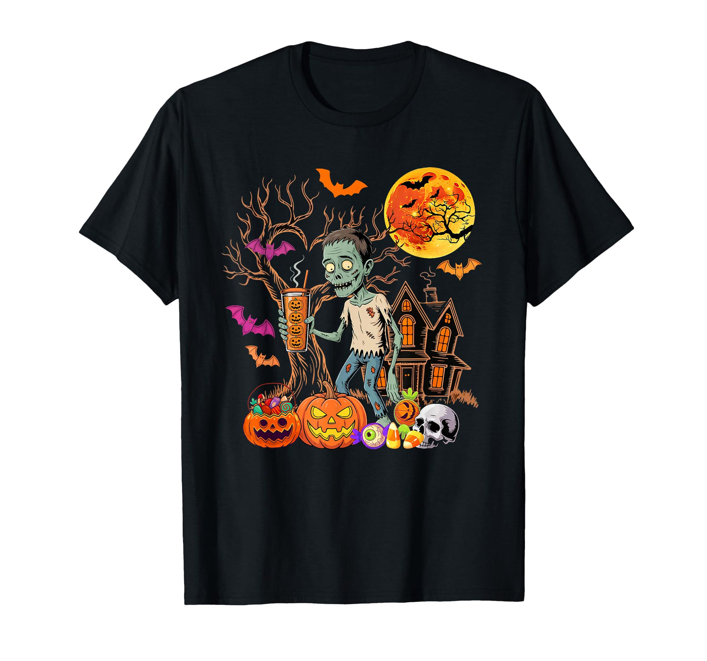 Zombie Drinking Coffee Halloween Carved Pumpkin Lover T-Shirt