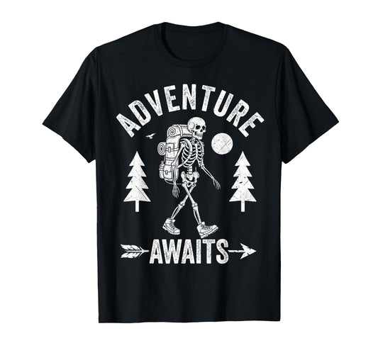 Adventure Awaits Skeleton Backpacker Spooky Halloween Hiking T-Shirt