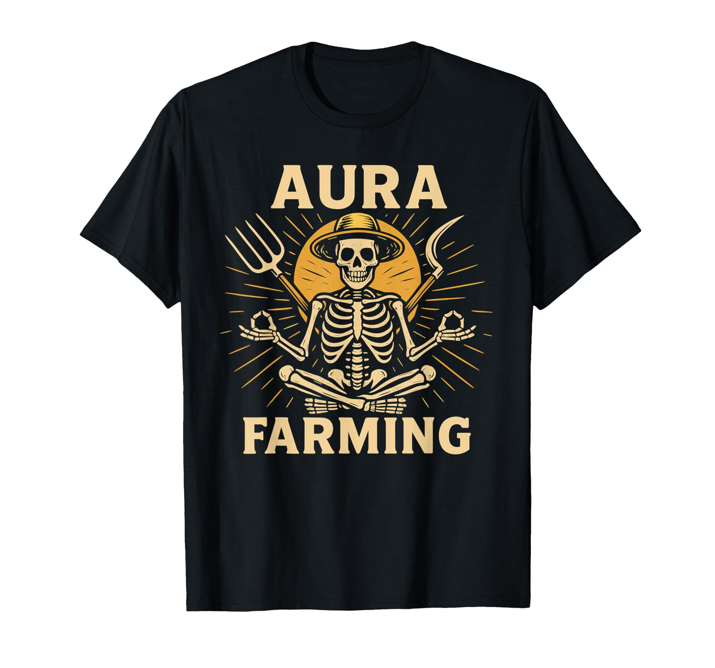 Aura Farming Skeleton – Zen Farmer Meditating with Pitchfork T-Shirt