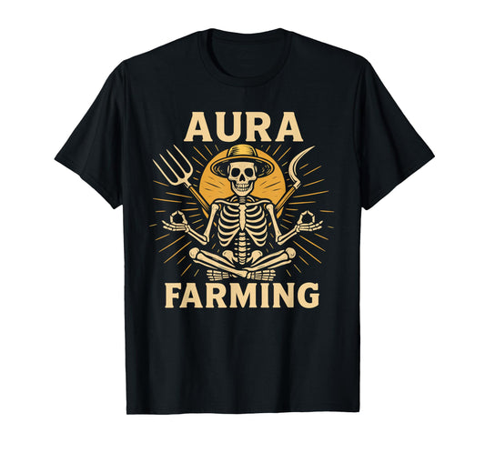 Aura Farming Skeleton – Zen Farmer Meditating with Pitchfork T-Shirt