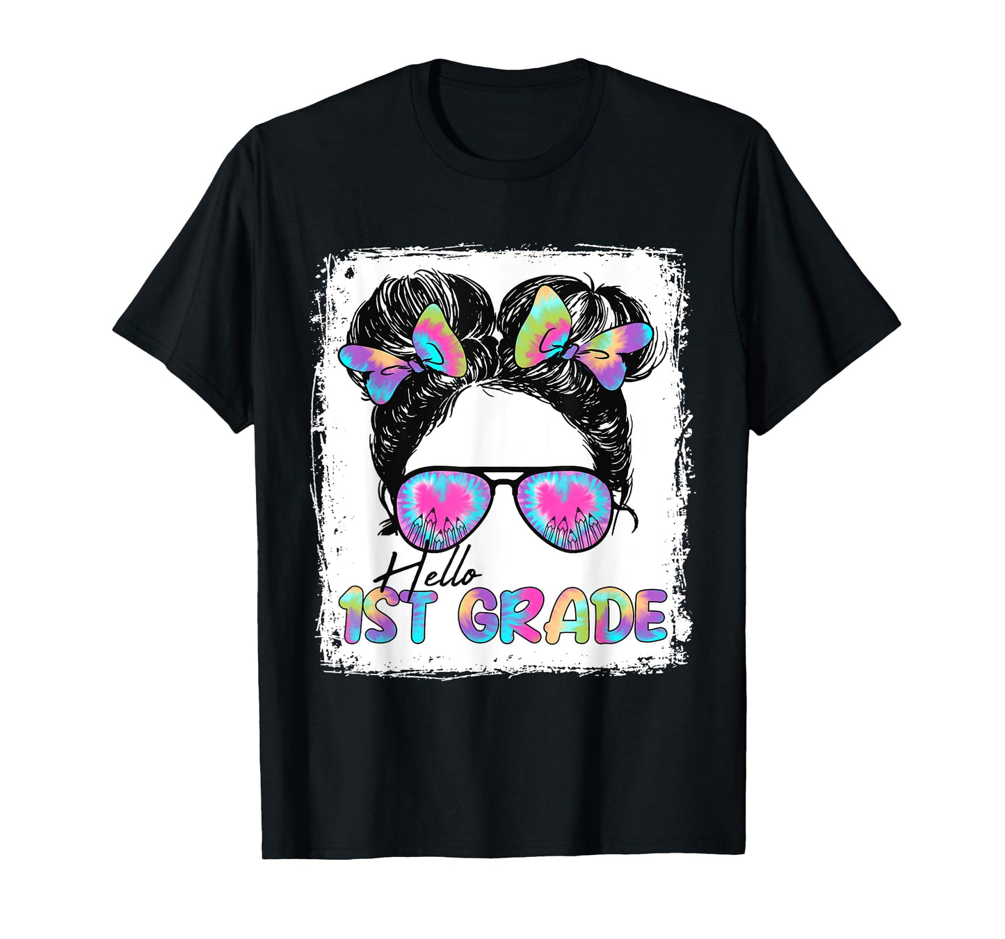 Hello 1st Grade Messy Hair Bun Girl Back To School First Day T-Shirt